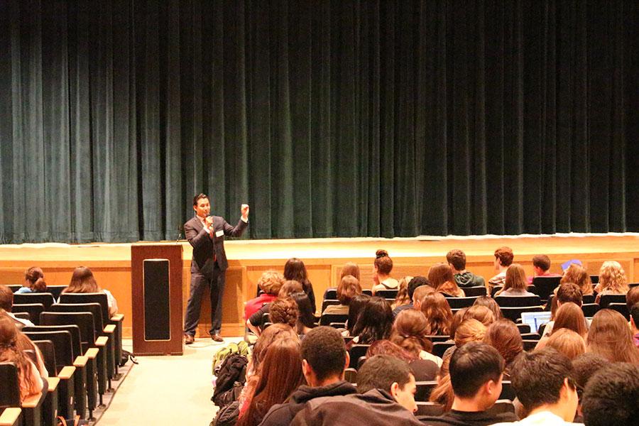 Congressional candidate Roy Cho addresses students Wednesday in the PV Auditorium.