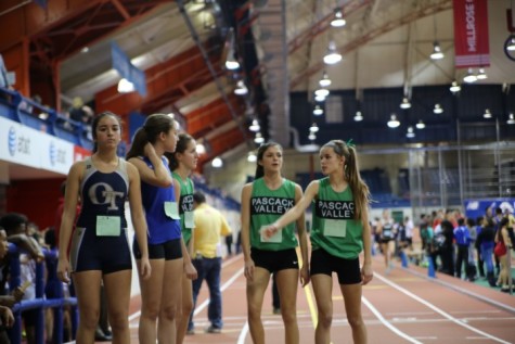 PV runners (from left) Nikki Criscuolo, Ashley Evans, and Chelsea Lee talking about their race with opponents. 