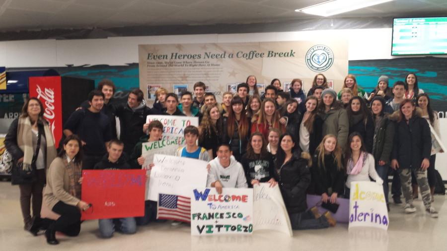 Member of last years Italian Exchange program gather for a photo op. The Italian students in this years program arrive at PV Friday.