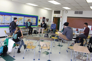 Charlie Leppert and Ben Mandel lead a discussion in their LGBTQ+ Issues Pascack period class.