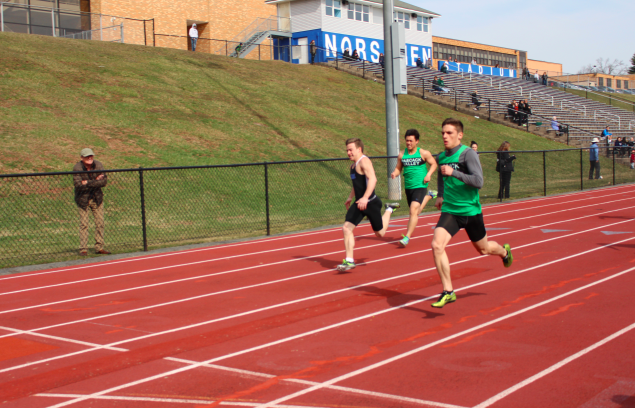 AJ approaching the finish line in first place at a meet in Demarest. 