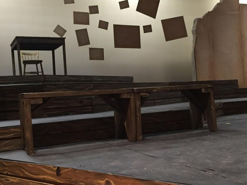 The set for Letters to Sala consists of several platforms and benches, most of which were constructed by students.