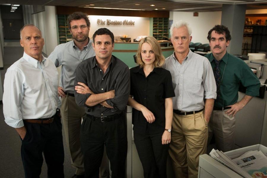 From left, Michael Keaton, Liev Schreiber, Mark Ruffalo, Rachel McAdams, John Slattery, and Brian d'Arcy James play Boston Globe staffers uncovering a scandal in the Catholic church in "Spotlight," which is gaining Oscar buzz.