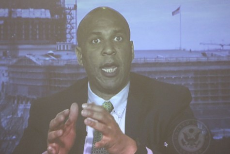 Senator Cory Booker presented from a video screen, as he was unable to attend the EdSurge event