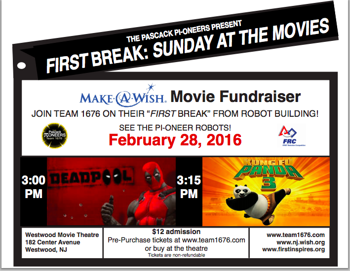 The Pascack Pi-oneers robotics team hosts a movie night to raise money for the Make-a-Wish Foundation.