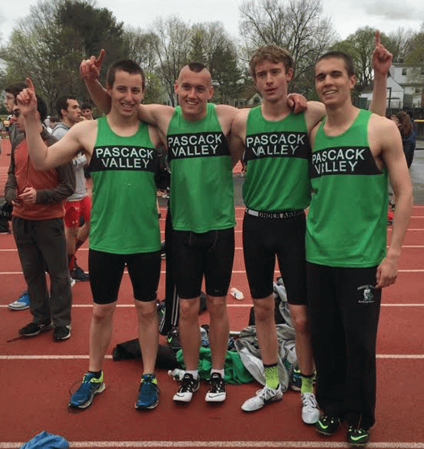 Sprint Medley Relay team following their victory Saturday at the Pawlowski Relays (left to right: Kevin Dougherty, Sean Keohane, Jeff Roberts, Evan Jones) 