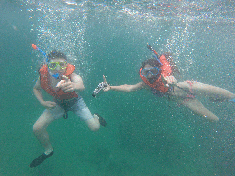 Students go snorkeling in the Galapagos. From left to right: Sam Pitkowski and Marlo Guastella.

