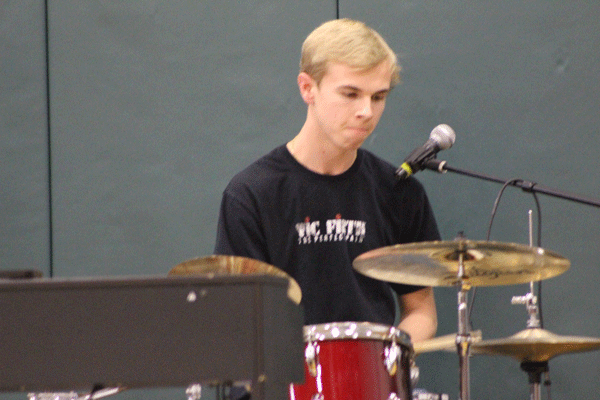 Jared Kullberg plays the drums for the seniors at Valley Cup in March.