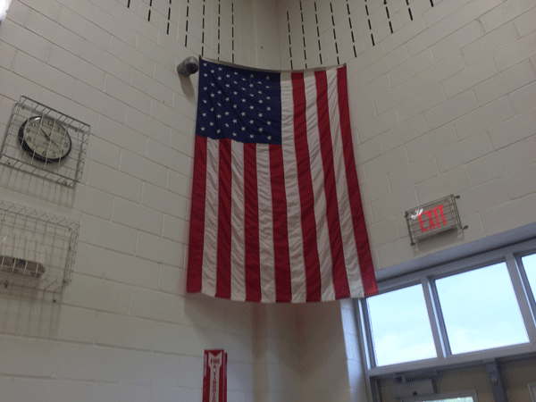 The American flag which hangs in the corner of Pascack Valleys new gymnasium. 