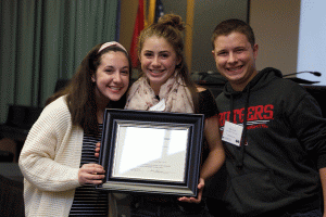 (From left) Editors Kayla Barry, Madison Gallo and Kyle Comito accept the New Jersey Division B Distinguished Journalism certificate for The Smoke Signal.