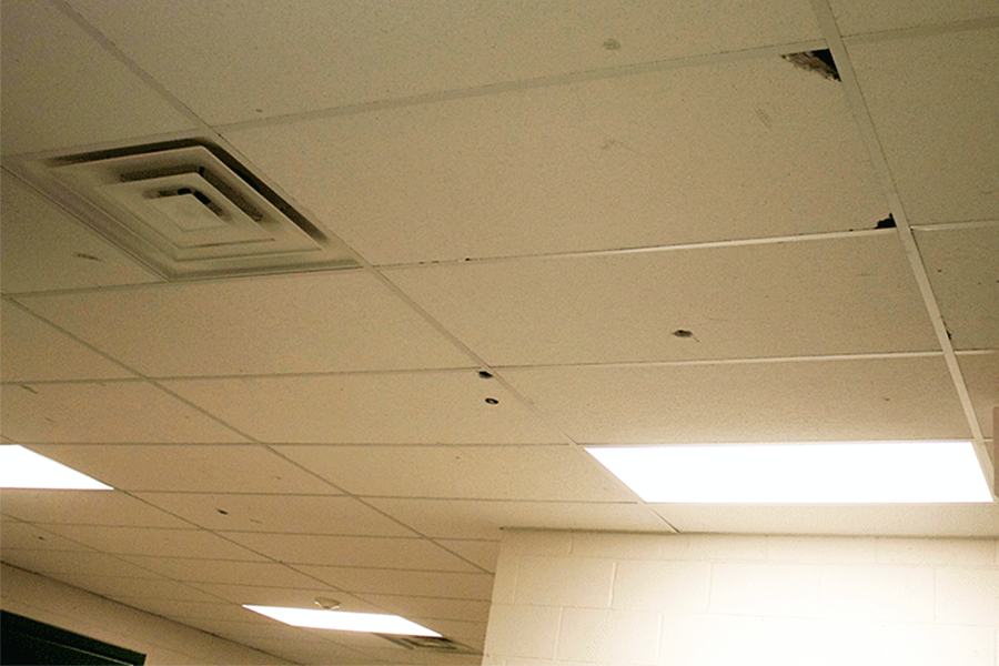 Holes in the ceiling were part of the damage sustained by the PV boys locker room.