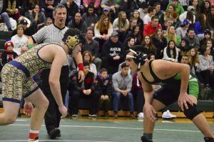 Anthony Romana, right, gets ready to engage Friday with Old Tappans Bryce Lukas, whom he pinned in 1:15. Romanos recent return to the lineup at 220 could play a key role for Pascack Valley in its North 1, Group 3 quarterfinal match against River Dell.