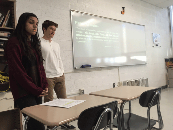 Seniors Jacob Ricco and Aria Sen lead a presentation about Trumps impact on the rights of transgender students during the first PVGSC meeting.