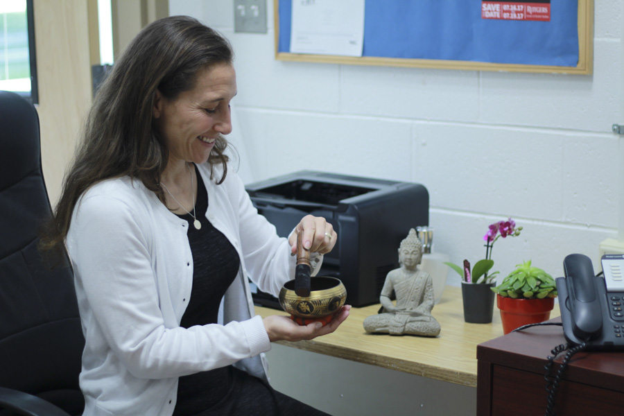 Student Assistant Counselor Mrs. Christie Rossig uses the Tibetan Singing Bowl in her office. She has been teaching the practice of mindfulness to PV students and uses gadgets such as the singing bowl in her lessons.