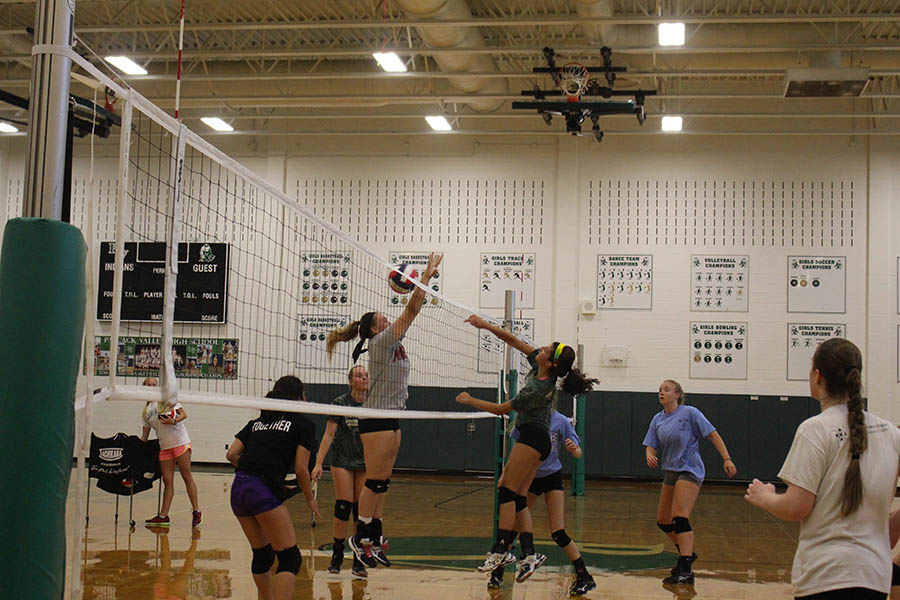 The volleyball team scrimmages during a recent practice.  PV will open their season today against Teaneck.