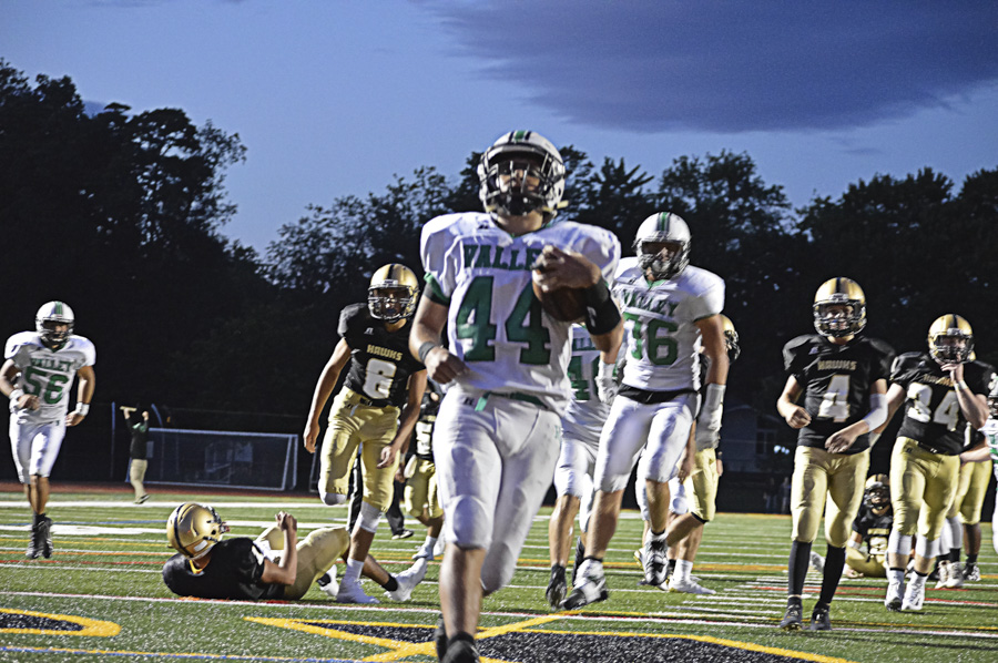 Pascack Valley sophomore running back Jake Williams scores his second touchdown of the game. In his first varsity game, a 22-21 loss to River Dell, Williams played a major role in Valleys offensive attack.
