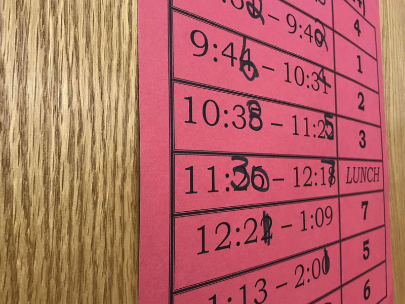 A different schedule was implemented this school year that adds additional minutes to the class periods and the school day. The schedule was introduced to allow for more instructional time.