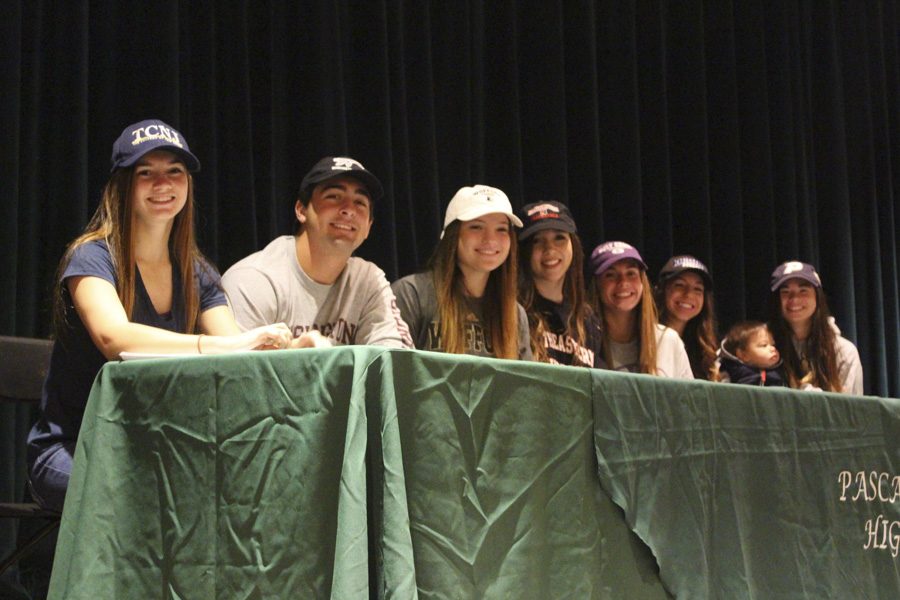 From left to right, the Pascack Valley seniors with the colleges theyve committed to in parenthesis: Jenny LaRocca (The College of New Jersey), Matt Haag (Washington College), Elisabeth Ralph (Wofford College), Melissa Purcell (Northeastern University), Kelly Petro (College of the Holy Cross), Toriana Tabasco (Mount Saint Mary College), and Brianna Wong (Pace University).