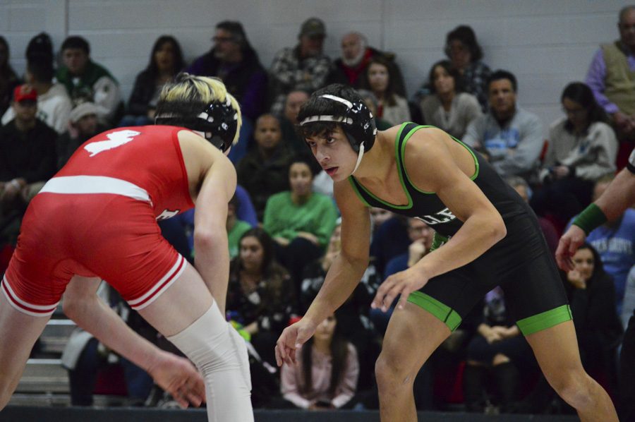Robbie Natelli (126) of Pascack Valley squares off with Emerson-Park Ridges Caiden Brouwer during the Indians 49-18 loss Friday afternoon. Natelli won his bout 5-1.