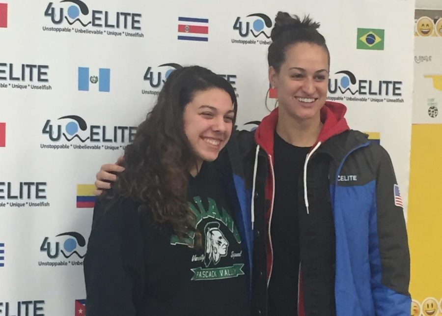 Haleigh+Marzano+%28left%29+poses+with+Team+USA+swimmer+Megan+Romano.+Romano+surprised+Marzano+by+inviting+her+to+swim+with+her+at+a+clinic.