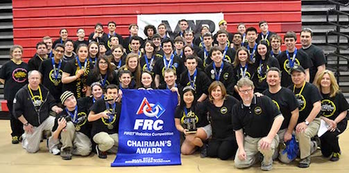 The Pascack Pi-oneers pose with the Chairmans Award. PV juniors Hailey Kraft and Sara Takubo are a part of the robotics team and brought their website to the Pi-oneers. 