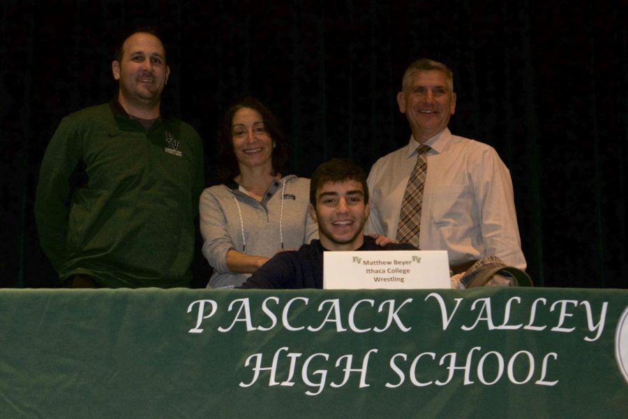 Matt+Beyer+alongside+his+mother%2C+PV+wrestling+coach+Tom+Gallione%2C+and+PV+principal+Tom+DeMaio.+Beyer+will+wrestle+at+Ithaca+College+next+year.+