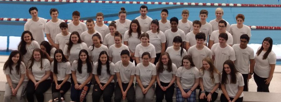 The+Pascack+Regional+swim+team+poses+for+a+photo.+The+girls+swim+team+came+in+sixth+place+in+the+county+tournament.+