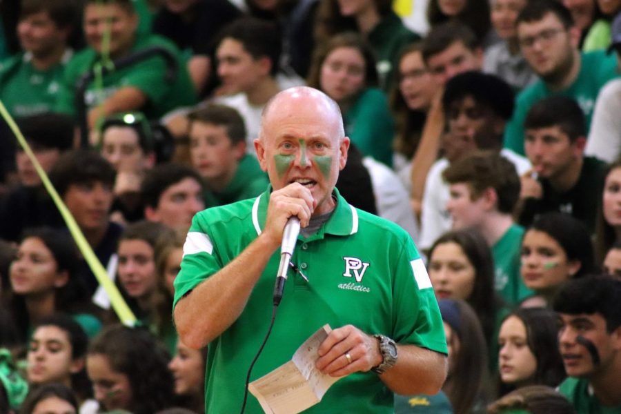 Engineering teacher Jim Kennedy leads the Valley Cup chant last Sept. Kennedy has been leading the chant since 2018. 