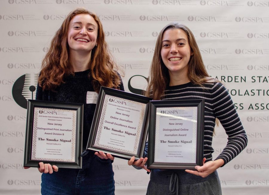 The two Editor in Chiefs of the Pascack Valley Smokesignal online publications after winning the distinguished online publication, overall excellence in online journalism, and distinguished print journalism.  