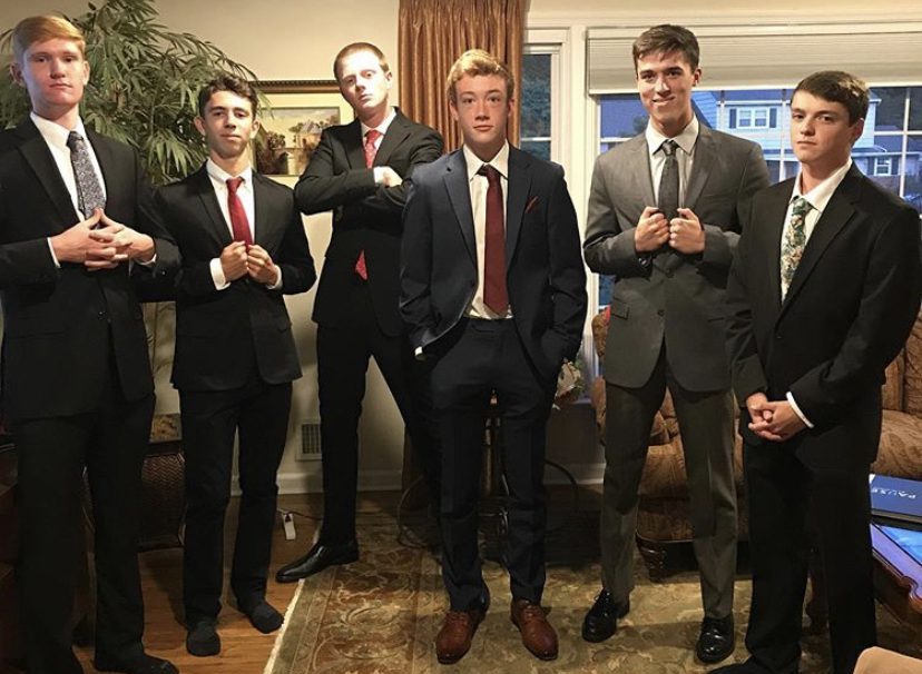 Half of the If Youre Not Last, Youre First fantasy football league showed up to the draft wearing suits. Pictured left to right is Nate Dedrick, Dallas OConnor, Chris McGrath, Brendan Donnellan, Trey Herenda, and Dylan Ottomanelli.