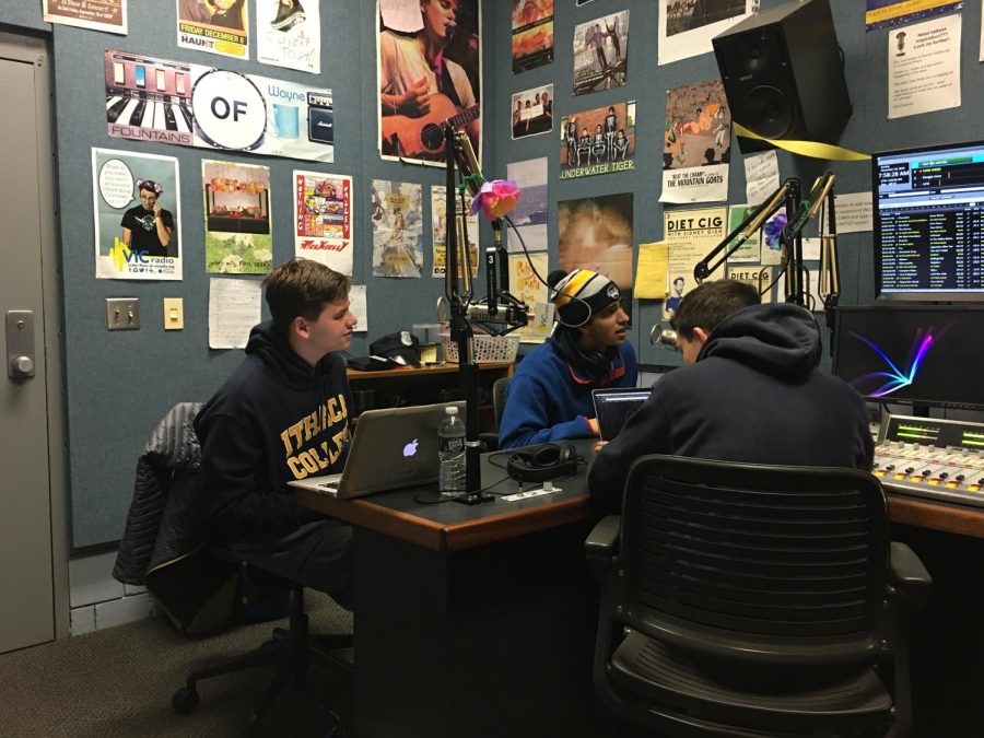 Noah Schwartz (left) does his radio show After the Whistle with Casey Honigbaum (middle) and Ben Bachrach (right). Schwartz, a 2019 PV graduate, has continued to hone his skills at Ithaca College.