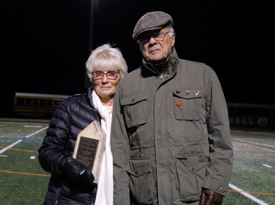Pascack Valley football player and 1956 graduate Bob Venusti donated a wooden section of the torn down goal post from the 1955 Thanksgiving Day football game during the halftime of the North 1, Group 3 sectional quarterfinals on Nov. 8 this year. During the game, Venusti’s sister and her husband presented the piece from Valley’s first win in its inaugural season against Northern Valley to be displayed in PVs trophy case.