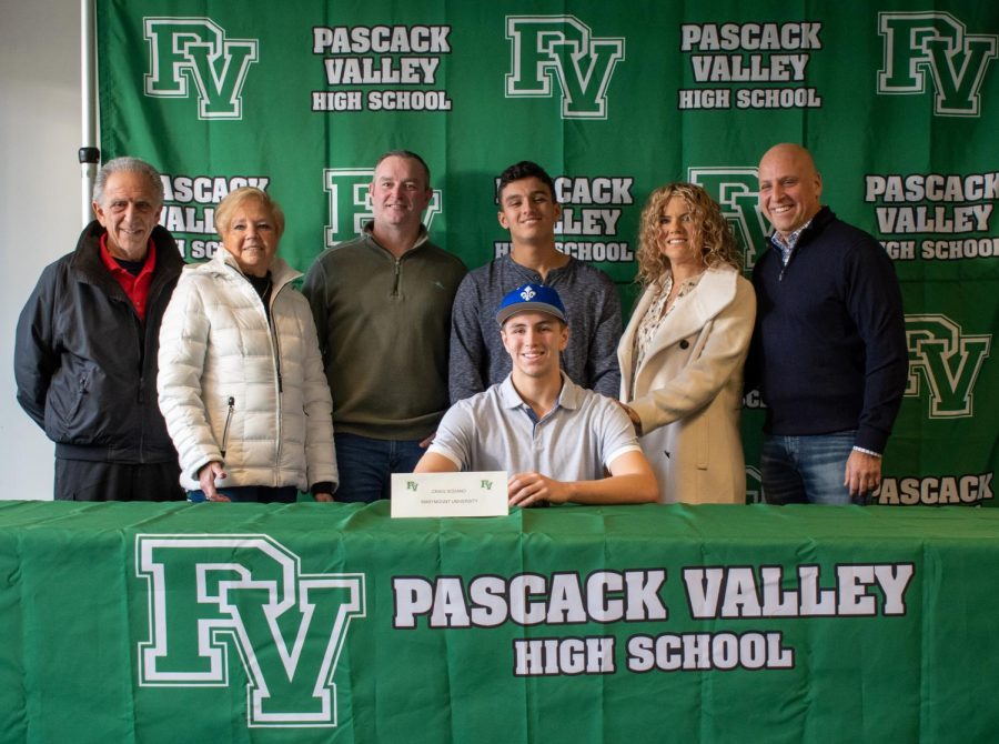 Craig+Sodano+and+his+family+at+Pascack+Valleys+winter+signing+day+ceremony.+Sodano+officially+committed+to+Marymount+University+to+play+Division+III+baseball.
