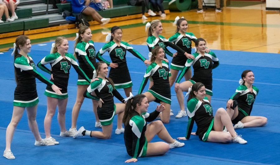The cheer team poses during its routine. The team performed twice Tuesday night, first defeating Kennedy, and later on defeating Cliffside Park.
