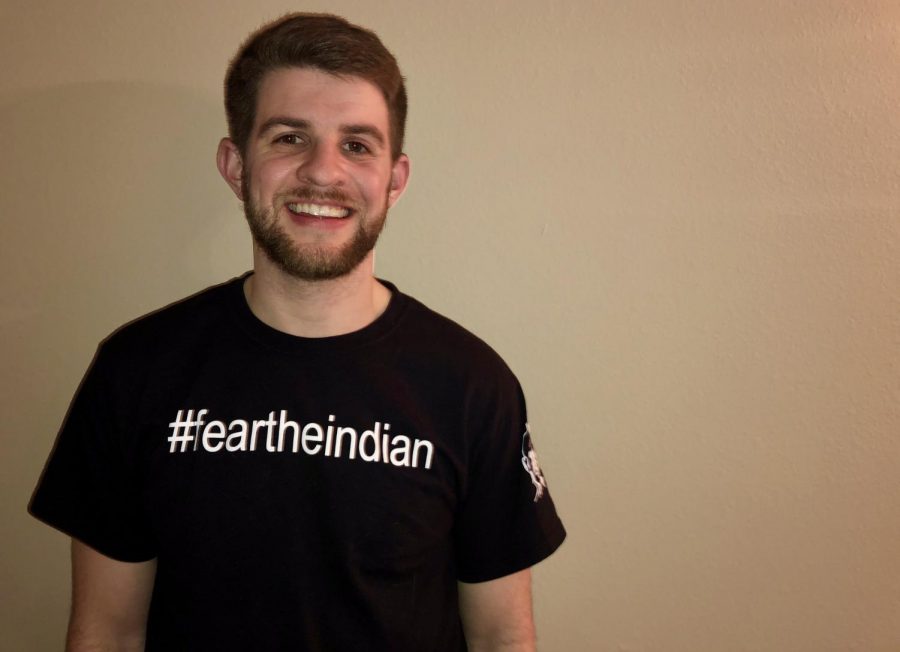 2013 PV graduate Kyle Stackpole poses in a black #FearTheIndian t-shirt. These shirts were made by members of the PV Class of 2013 as a way to show school spirit.