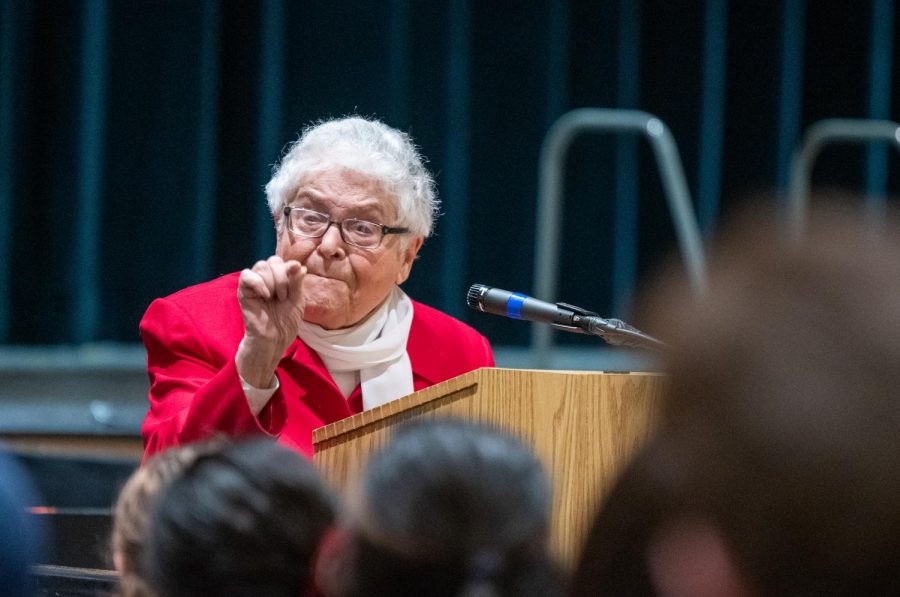 Sally Frishberg tells students about her life during the Holocaust on Wednesday, March 4. She arrived in the United States in 1947, and since then, New York state has awarded her with the Yavner Award for Excellence in Holocaust Education. 