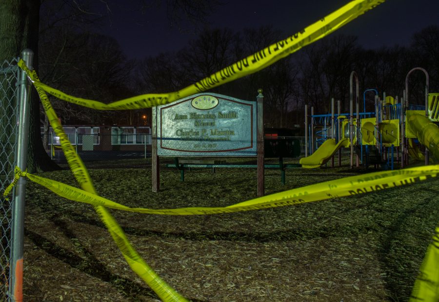 Caution tape surrounds the playground at Ann Blanche Smith School. All across New Jersey, parks and playgrounds are closed.