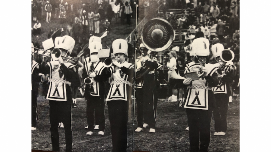 A+picture+of+the+Pascack+Valley+marching+band+in+the+1966+edition+of+The+Warrior.+The+uniforms+featured+images+of+Indian+style+teepees.+