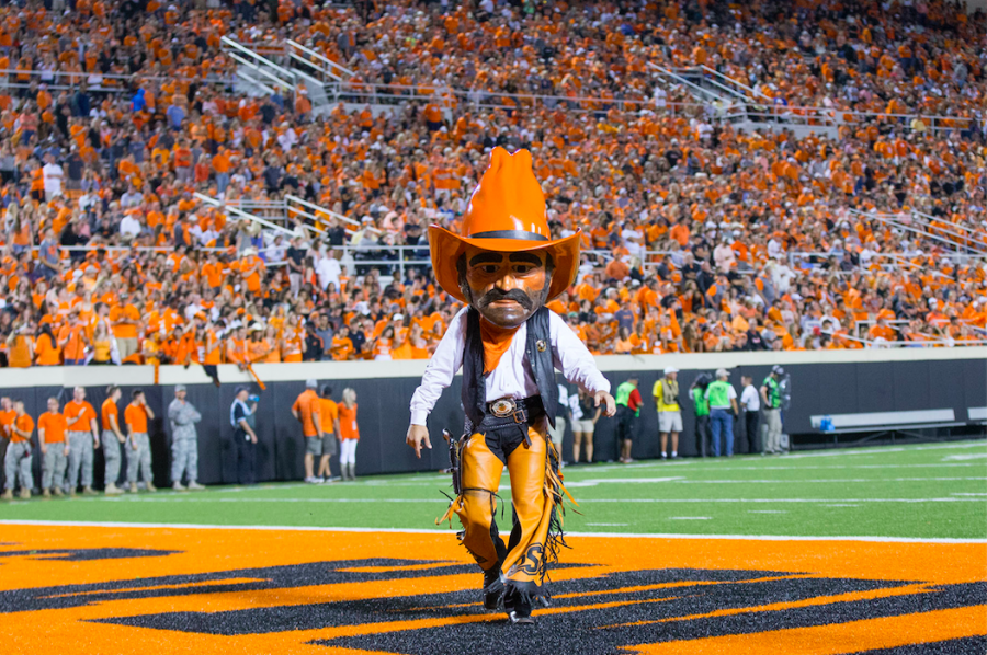 The Oklahoma State University Pistol Pete mascot at a football game. Pascack Hills used a version of Pistol Pete as their mascot until 2005. 