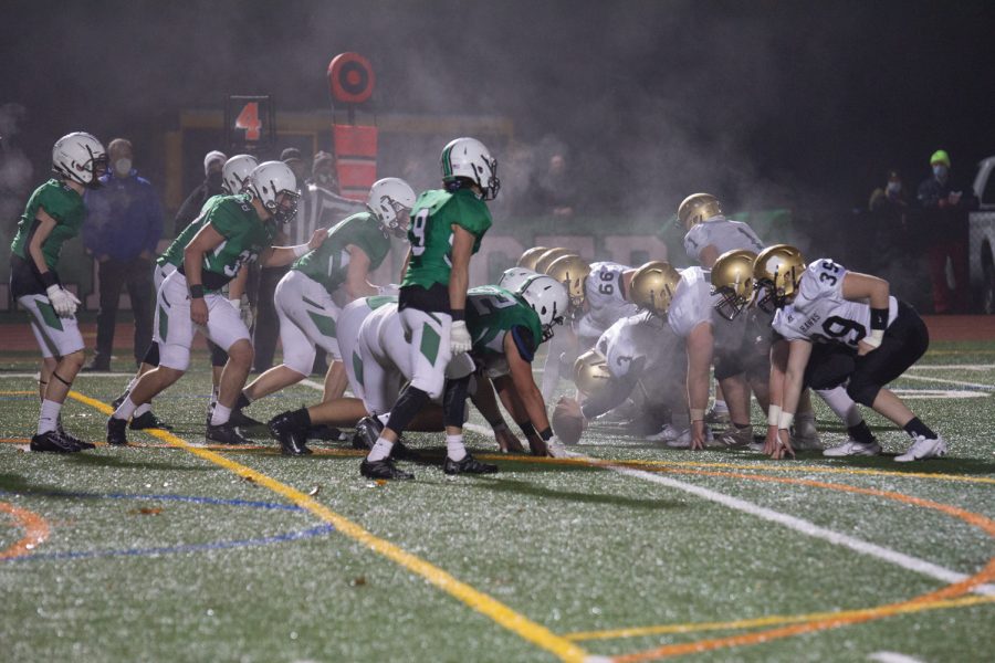 Pascack Valley and River Dell get set at the line of scrimmage. The Golden Hawks defeat PV 7-2 on Friday night.