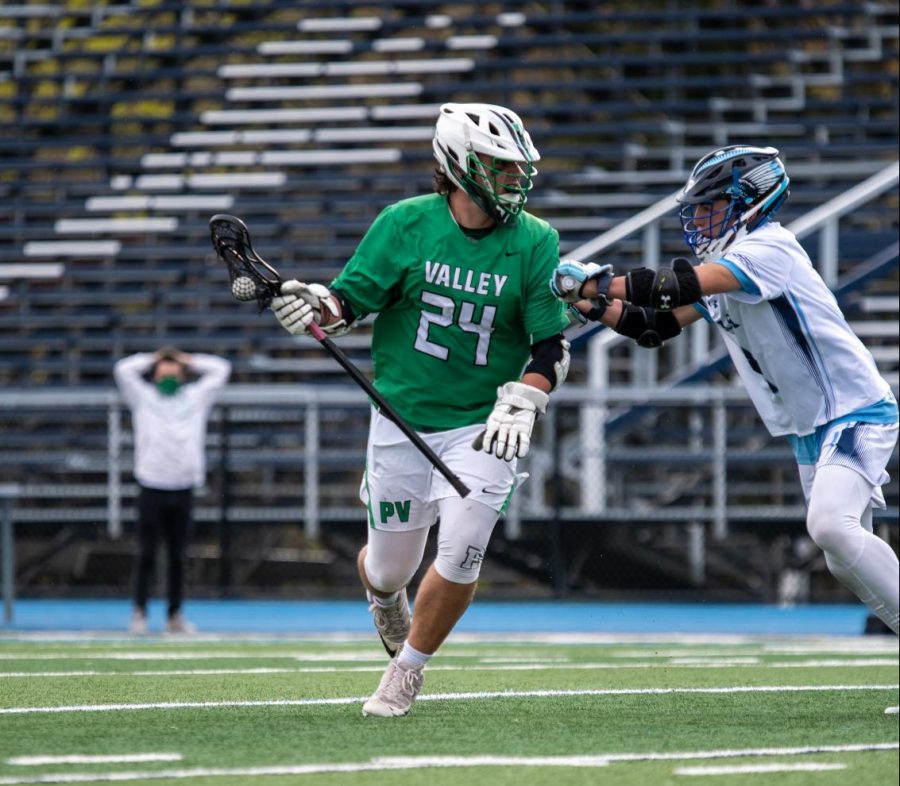 Daniel Haag looks to move the ball upfield. Haag committed to play Division III lacrosse at SUNY Cortland after he graduates from Pascack Valley in June.