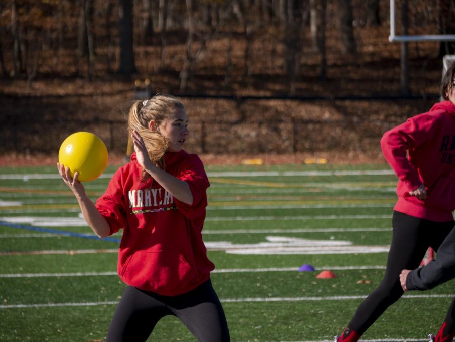 Junior Julia Conjour getting ready to pass the ball to a teammate during the speedball tournament at the Valley Cup. The PV tradition took place on November 24 at 11.