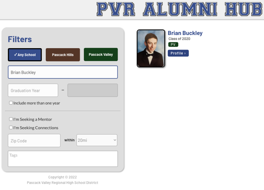 Screenshot of the PVR Alumni Hub. Users will be able to search the name of an alum and filter by school, graduation year, and current location as seen in the photo. 