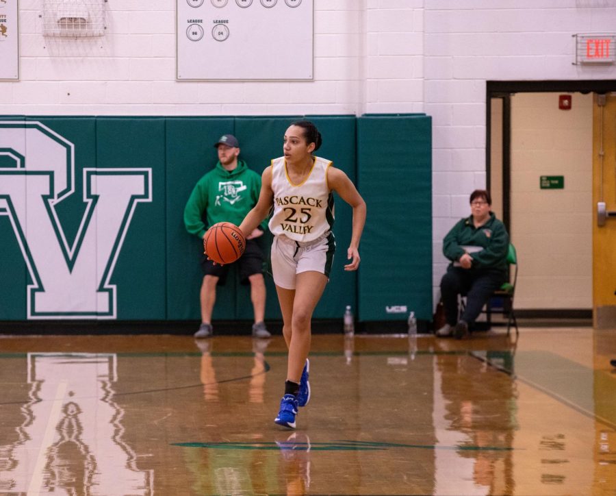 Madison McCarthy dribbles up the court. Check out the performances of all winter teams from this past week.