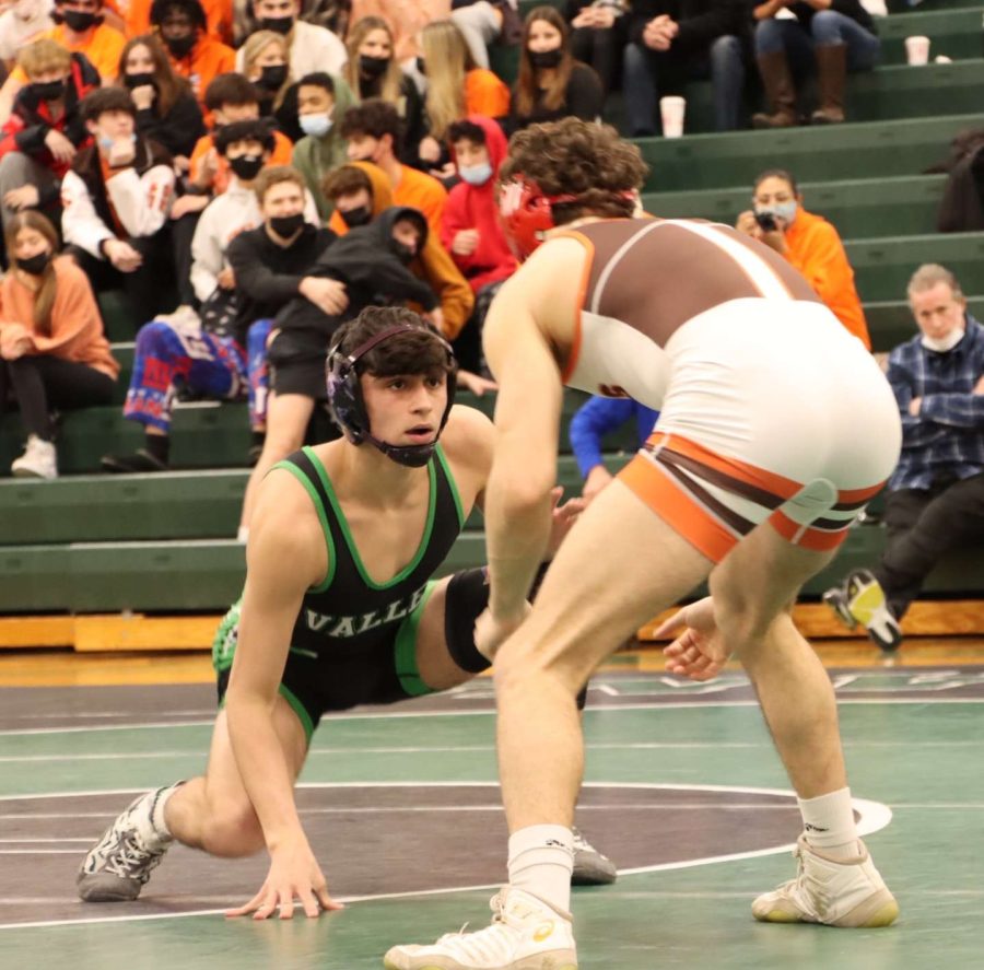 Antonio Cedeño looks to make a move on his opponent in the teams match last year. This year  Valley will travel to Pascack Hills on Friday, February 3rd. The first bout is at 7pm.
