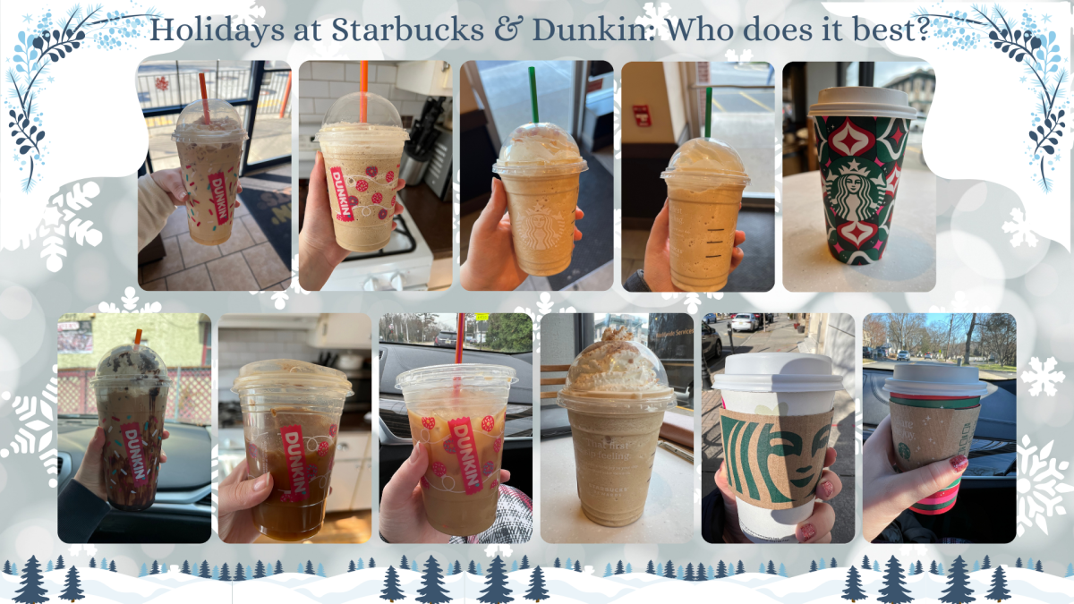 Staff+Writer+Caroline+DelMage+compares+Dunkin+holiday+drinks+with+Starbucks+holiday+drinks.+