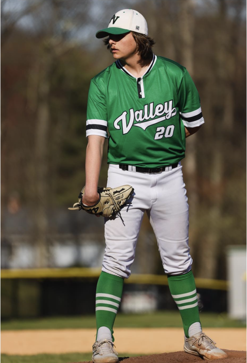 JT DeRiso looks at the batter as he starts to pitch. He is Aprils Male Athlete of the Month