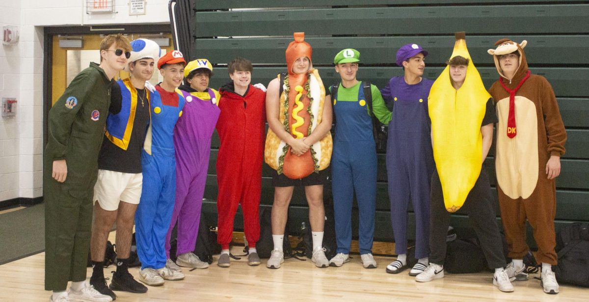 Aidan Cozza, Alec Bargamian, Mikey Ajalat, Cristiano Fiorillo, Jack Oates, Shane Burke, Joe Marotta, Michael Puccio, Sean Lukievics, and Gannon Strother dressed up as Mario characters and others