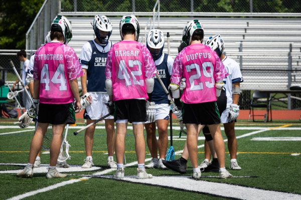 Pascack Valley Lacrosse senior captains Gannon Strother, Joey Dargan, and Donnie Duffus during the coin toss in their Senior night and Charity game vs. Sparta