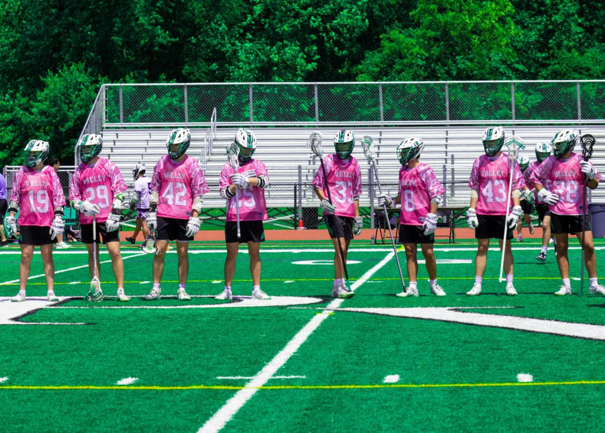 Pascack Valley Lacrosse starters line up at midfield before their senior night and charity game against Sparta last week